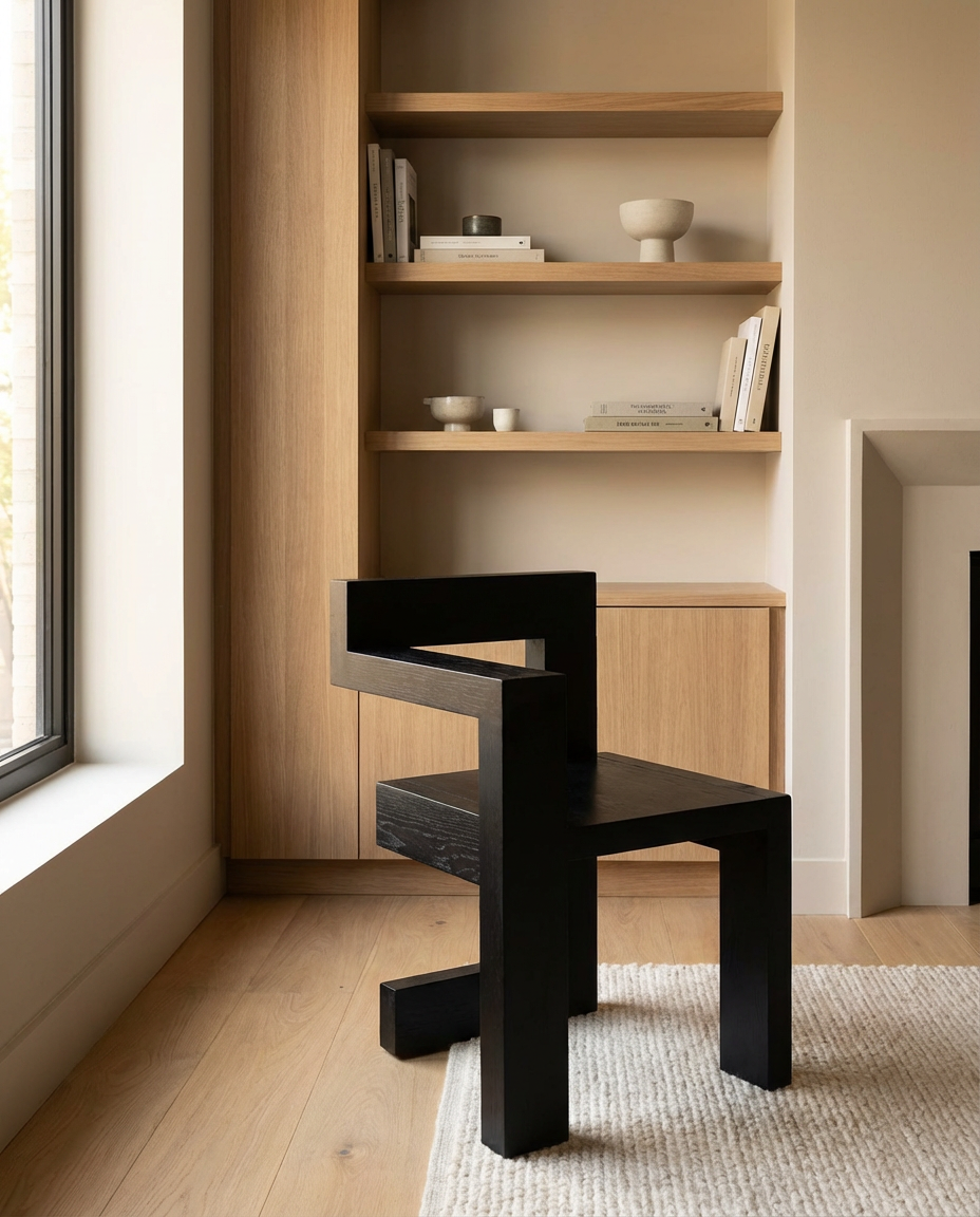 Modern black chair in a room with wooden shelves and a window.