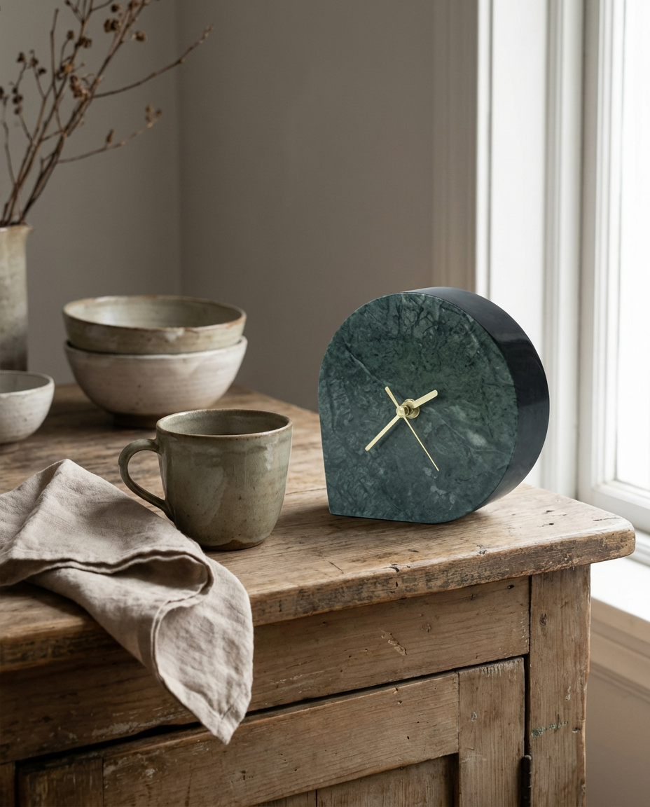 Marble clock on a wooden surface with a cup and napkin in a home setting