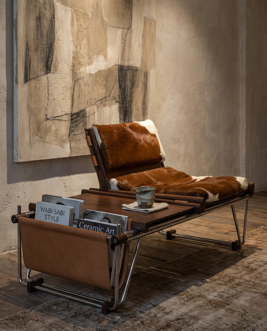 Brown leather lounge chair with a magazine rack in a room with abstract art on the wall.