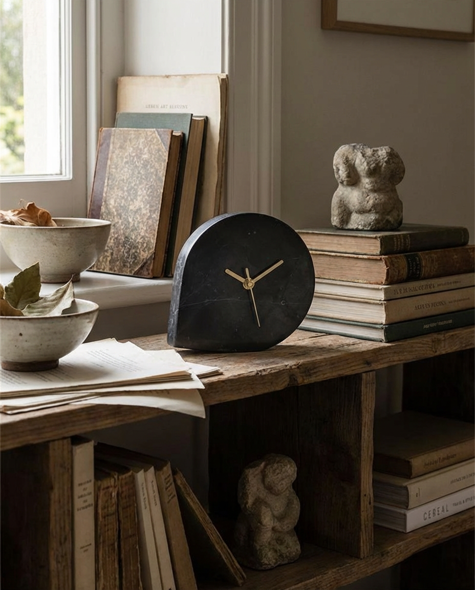 Black clock on a wooden shelf with books and decorative items