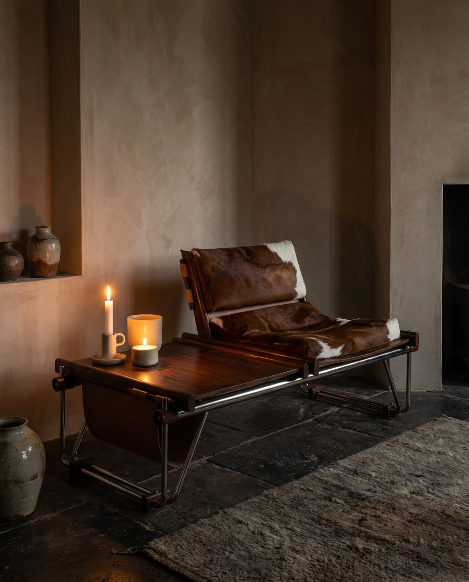 Brown leather lounge chair with cowhide accents in a dimly lit room.