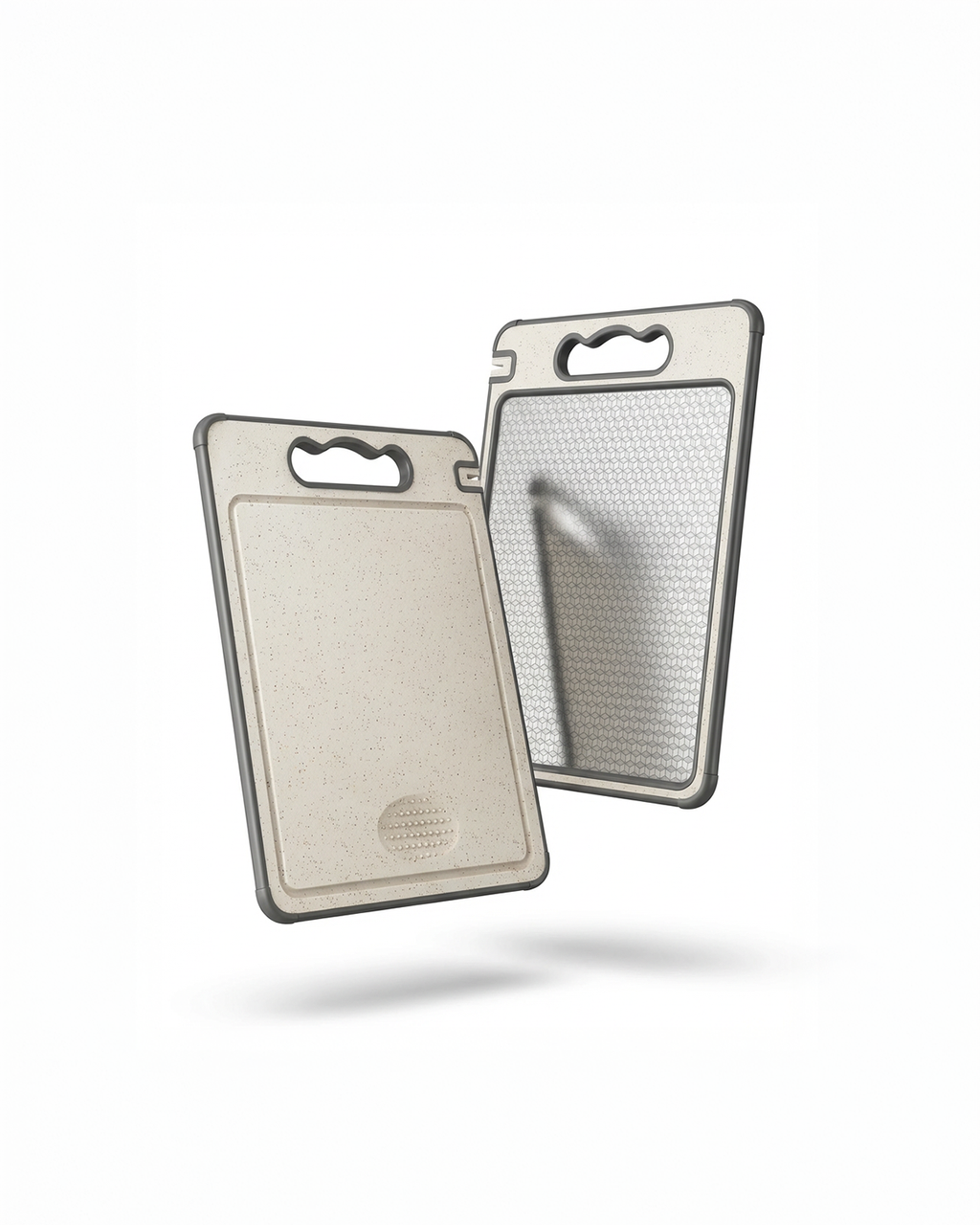 Two beige cutting boards with textured surfaces on a white background