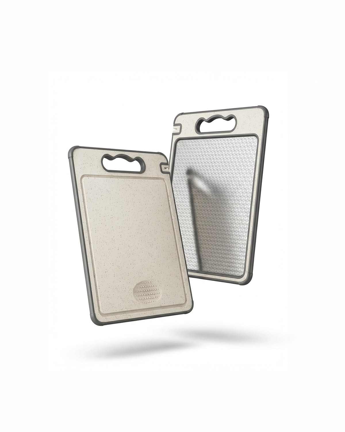 Two beige cutting boards with textured surfaces on a white background