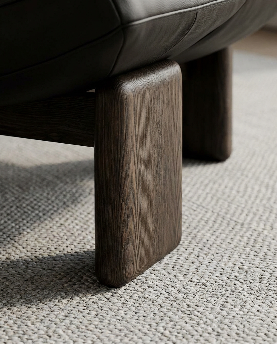 Close-up of a dark wooden leg of a piece of furniture on a textured surface.