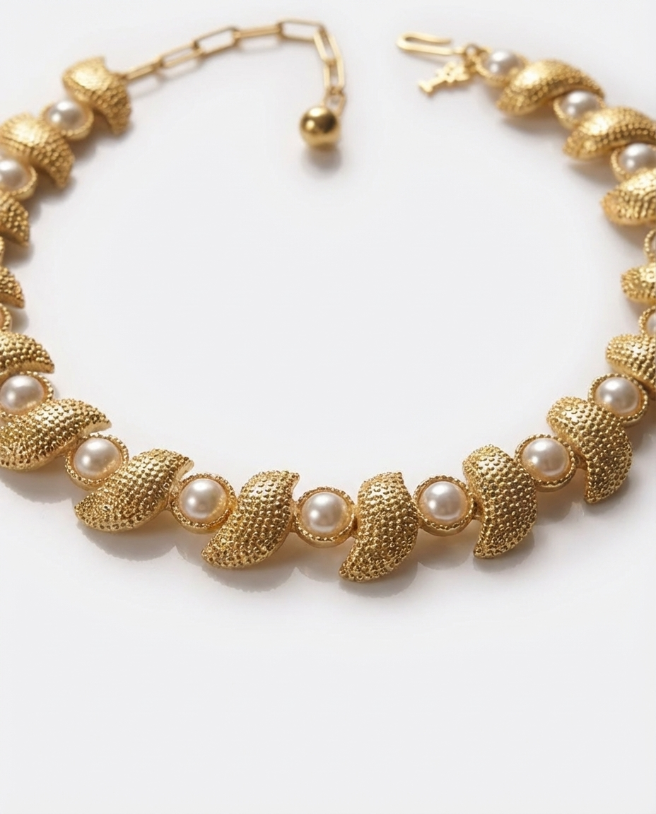 Gold necklace with pearls on a white background