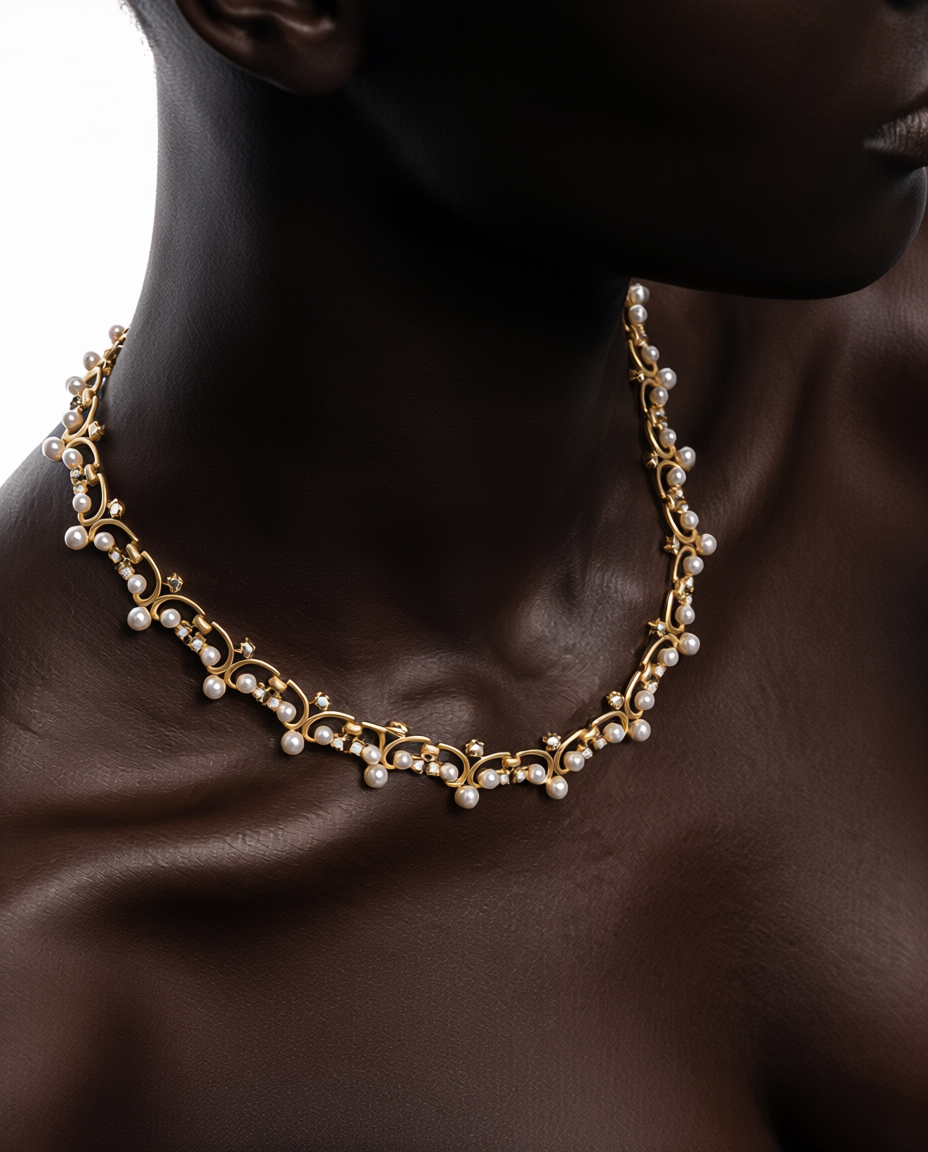 Gold necklace with pearls on a dark background