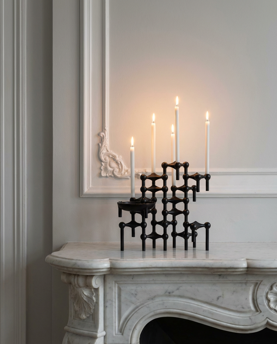 Decorative black candle holder with lit candles on a marble mantelpiece.