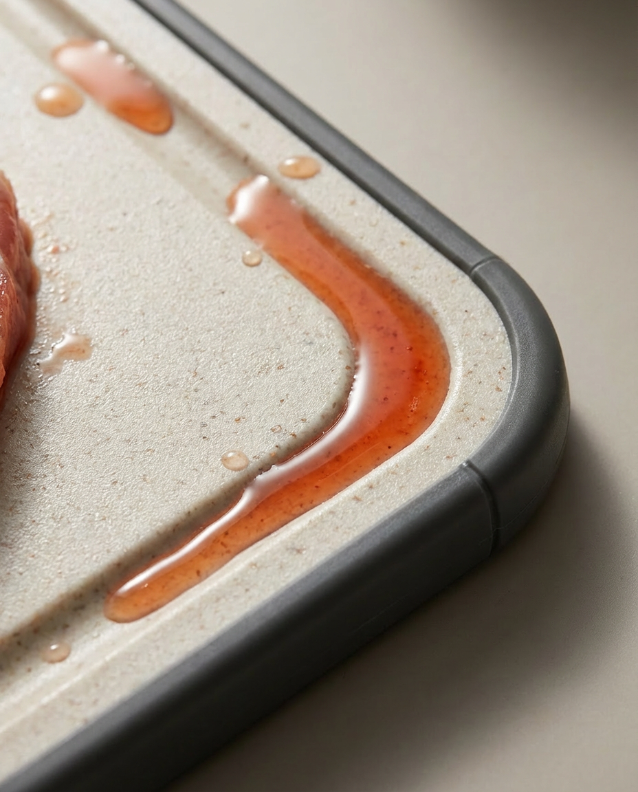 Close-up of a phone case with liquid spillage on a light surface