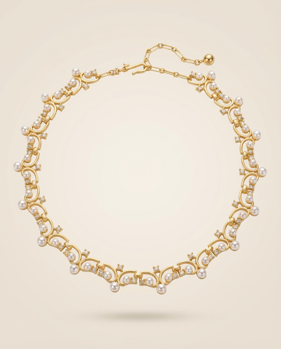 Gold necklace with pearls on a beige background
