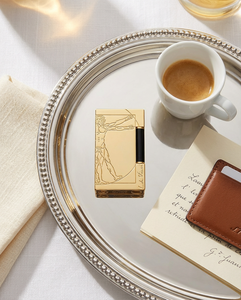 Gold lighter, white cup of coffee, and brown wallet on a silver tray with a white napkin.