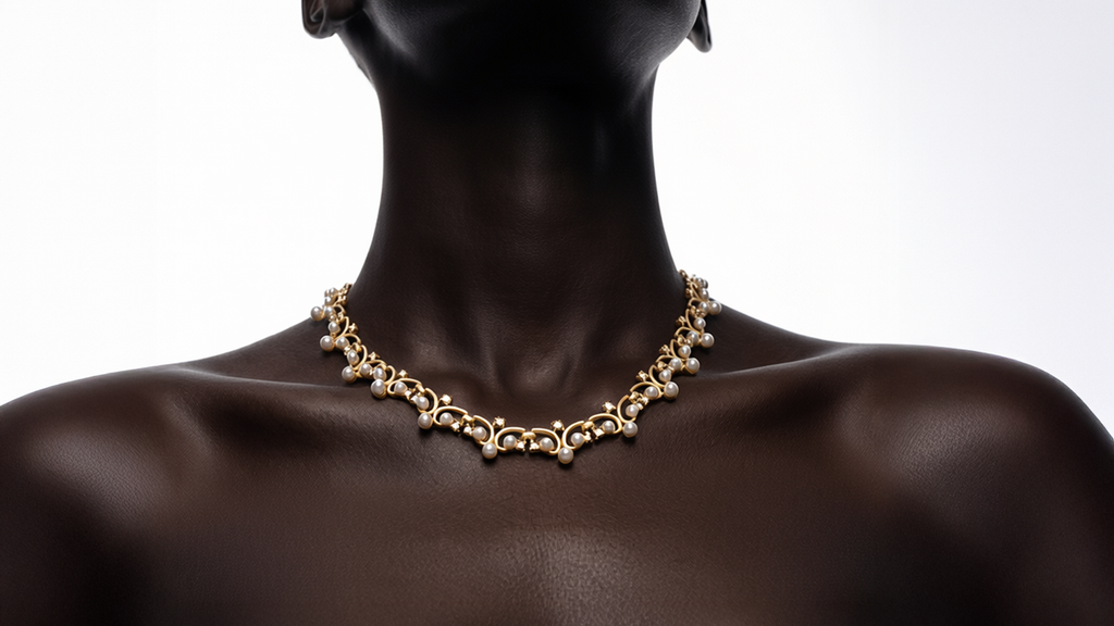 Gold necklace on a mannequin against a white background