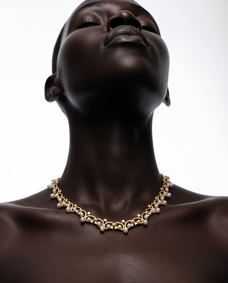 Mannequin wearing a gold necklace against a white background