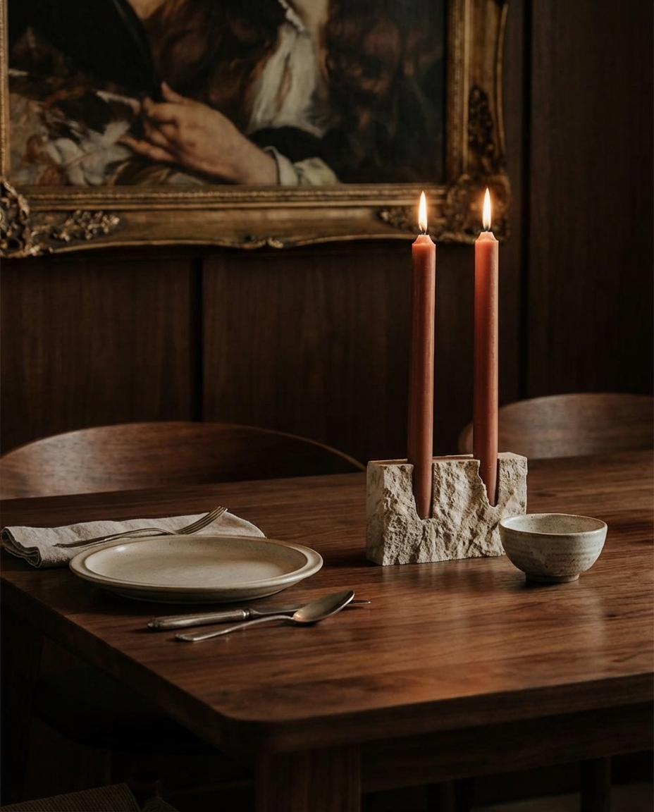 Candle holder with two lit candles on a wooden table in a dimly lit room.