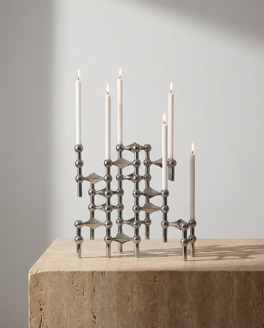 Decorative candle holder with candles on a stone surface against a gray background