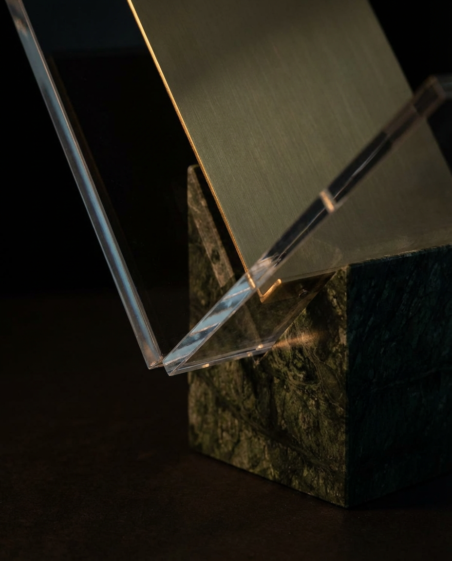 Clear acrylic block on a dark textured surface