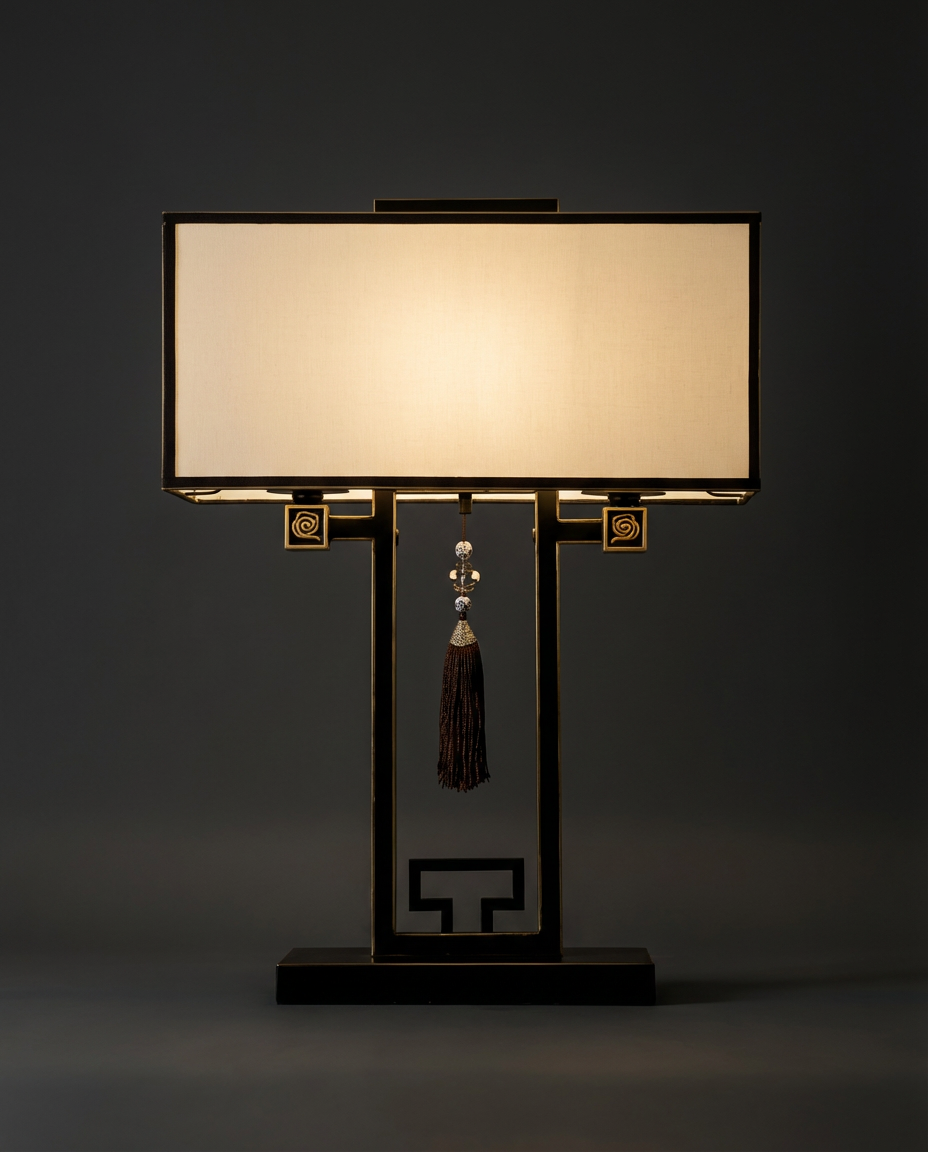 Decorative table lamp with a rectangular shade and tassel on a dark background