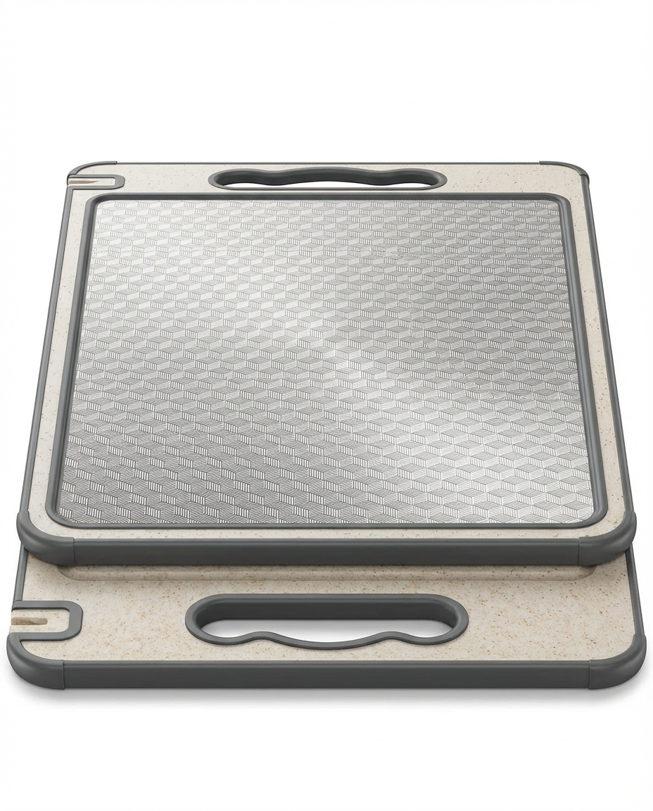 Two-tiered cutting board with textured surface on a white background