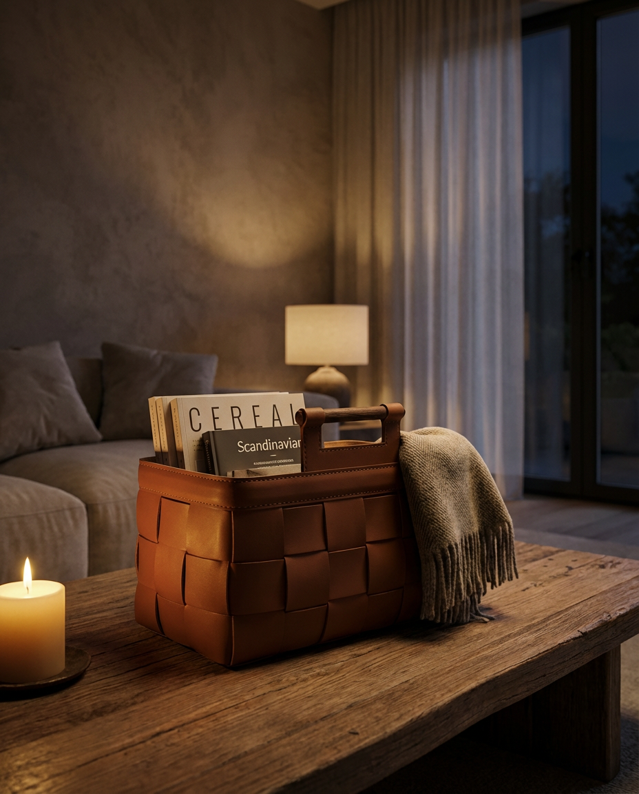 Brown woven basket with books and a blanket on a wooden table in a cozy room.