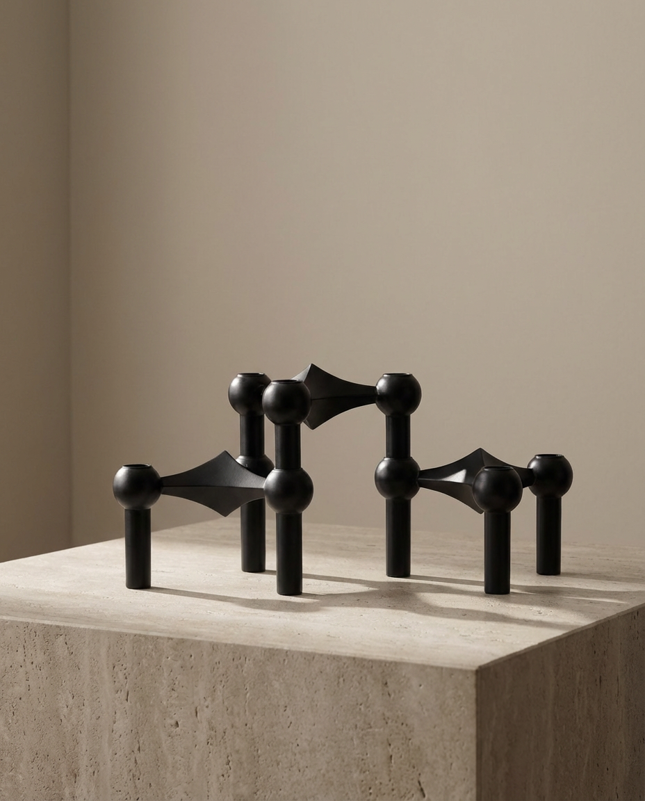 Black abstract sculpture on a beige surface with a neutral background