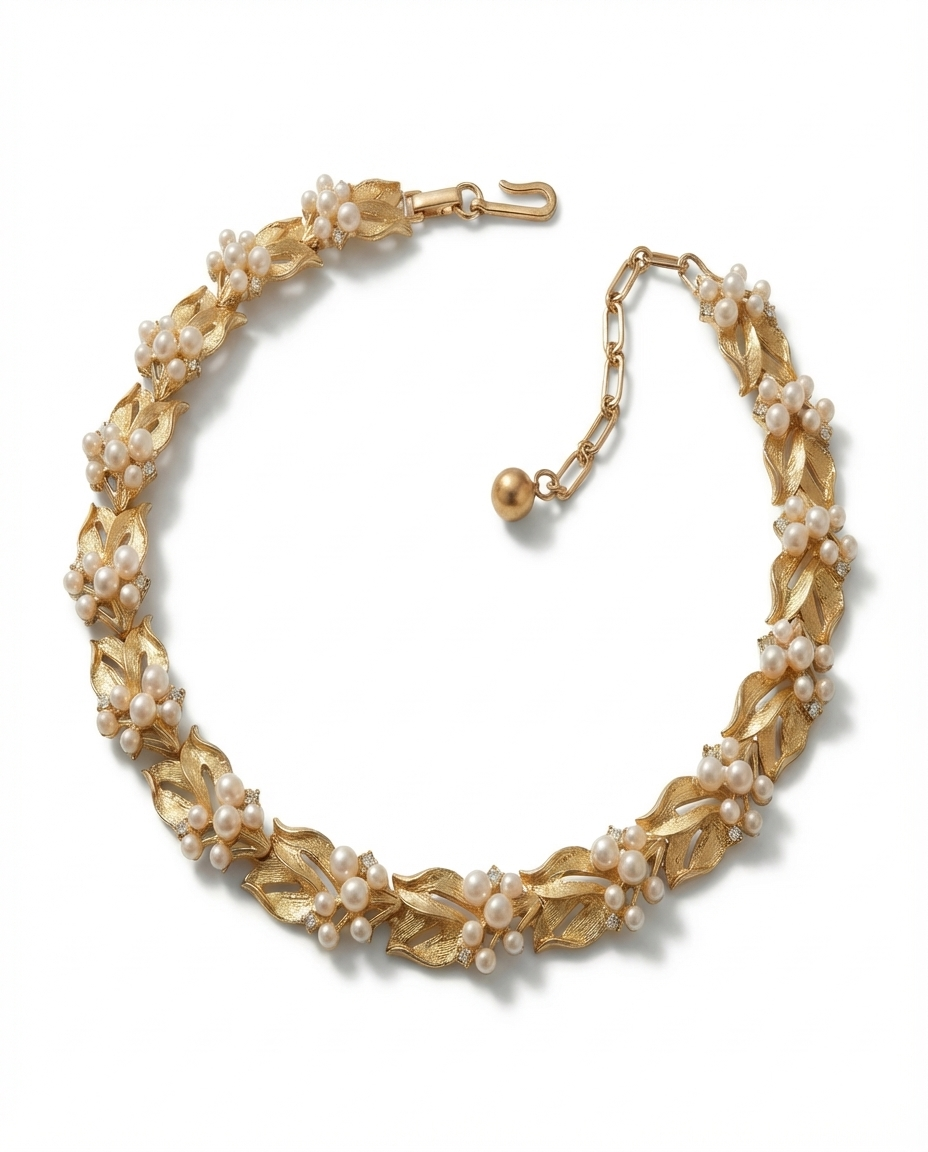 Gold necklace with leaf designs and pearl-like beads on a white background