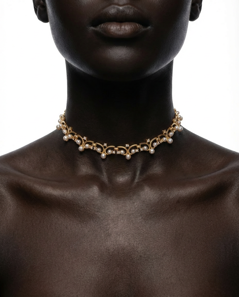 Gold necklace on a mannequin with a plain background