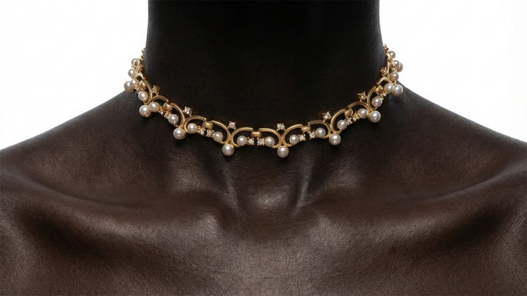 Pearl choker necklace on a mannequin with a brown fabric background