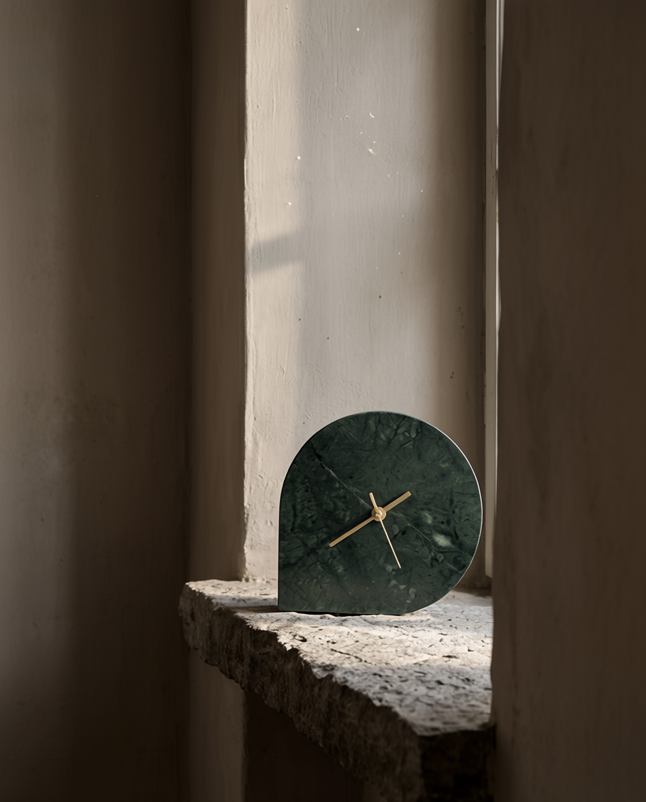 Green marble clock on a stone surface with a soft light filtering through curtains.
