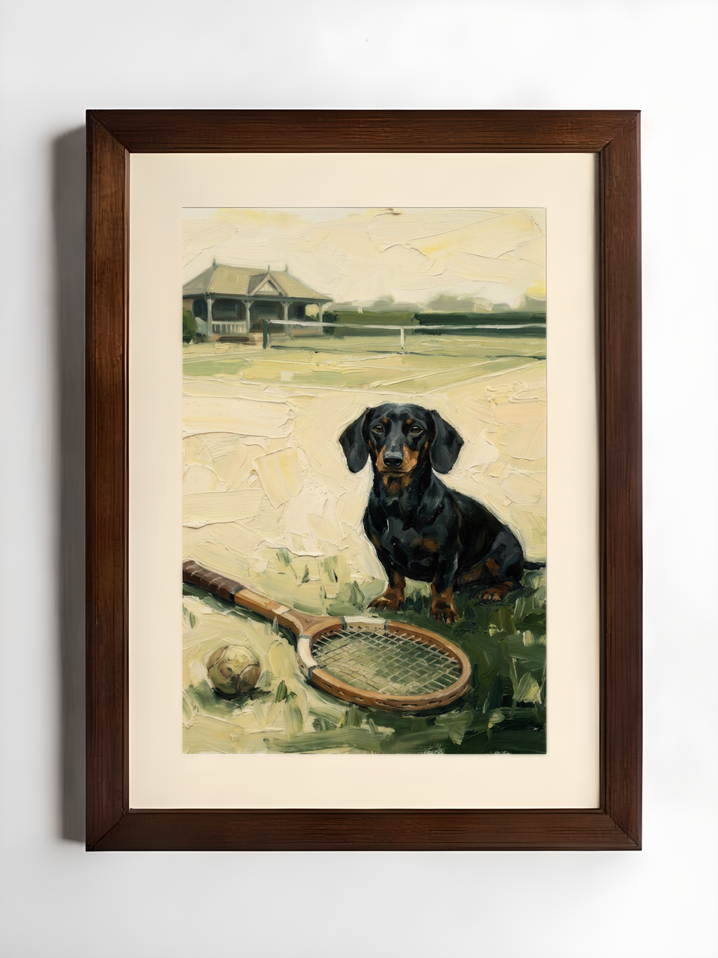 Framed artwork of a dachshund with a tennis racket on a grassy field.