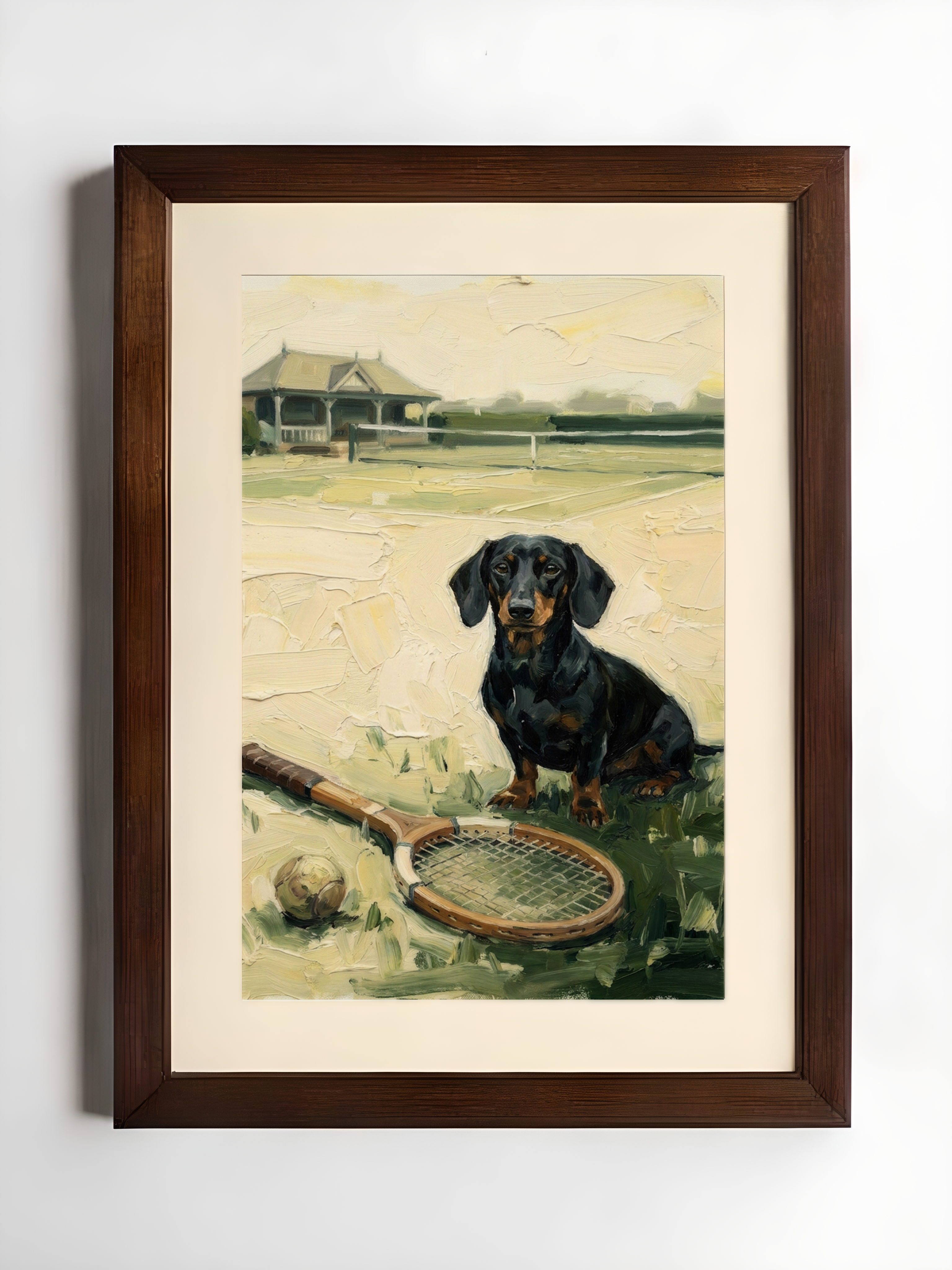Framed artwork of a dachshund with a tennis racket on a grassy field.