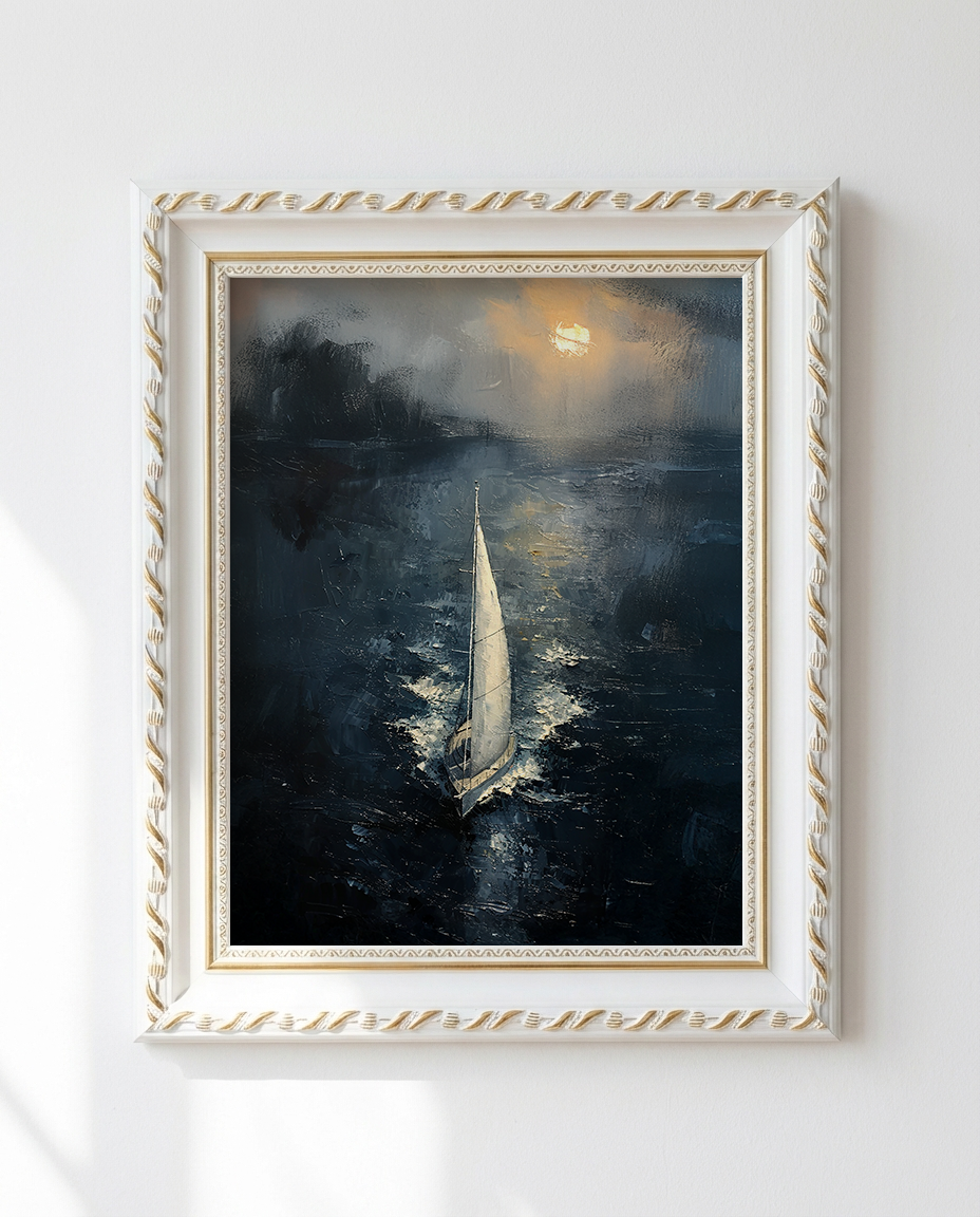 Framed painting of a sailboat on a dark sea with a gold frame.