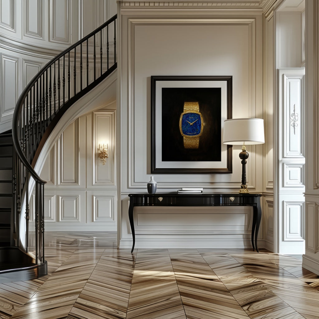 Luxurious interior with a staircase, framed watch on the wall, and a lamp.