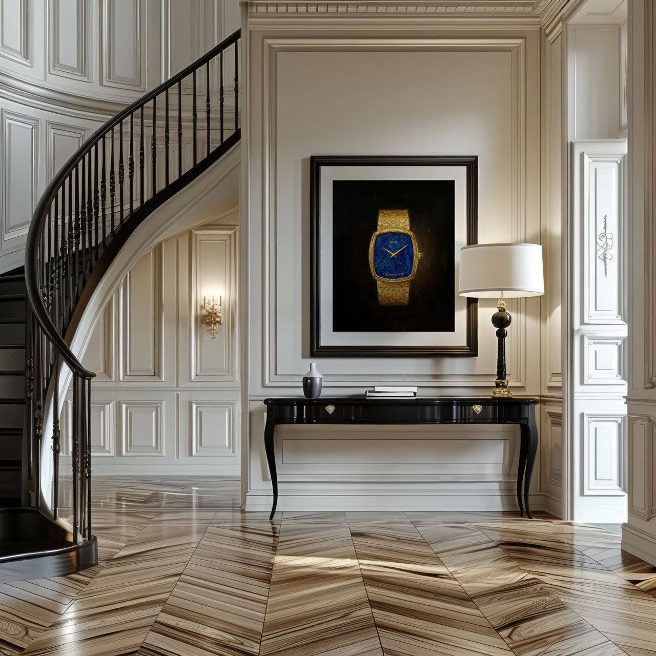 Luxurious interior with a staircase, framed watch on the wall, and a lamp.