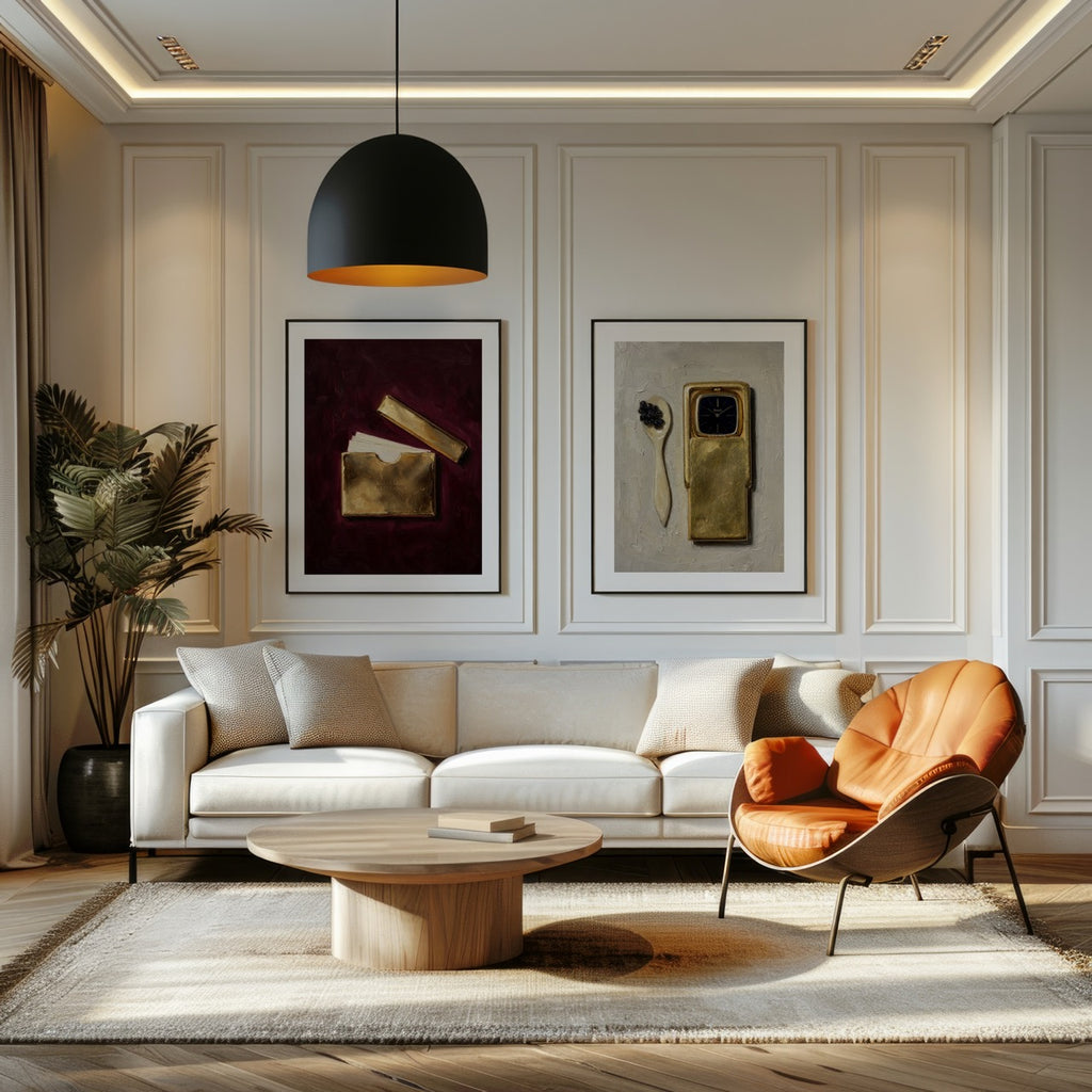 Modern living room with a white sofa, wooden coffee table, and orange chair.