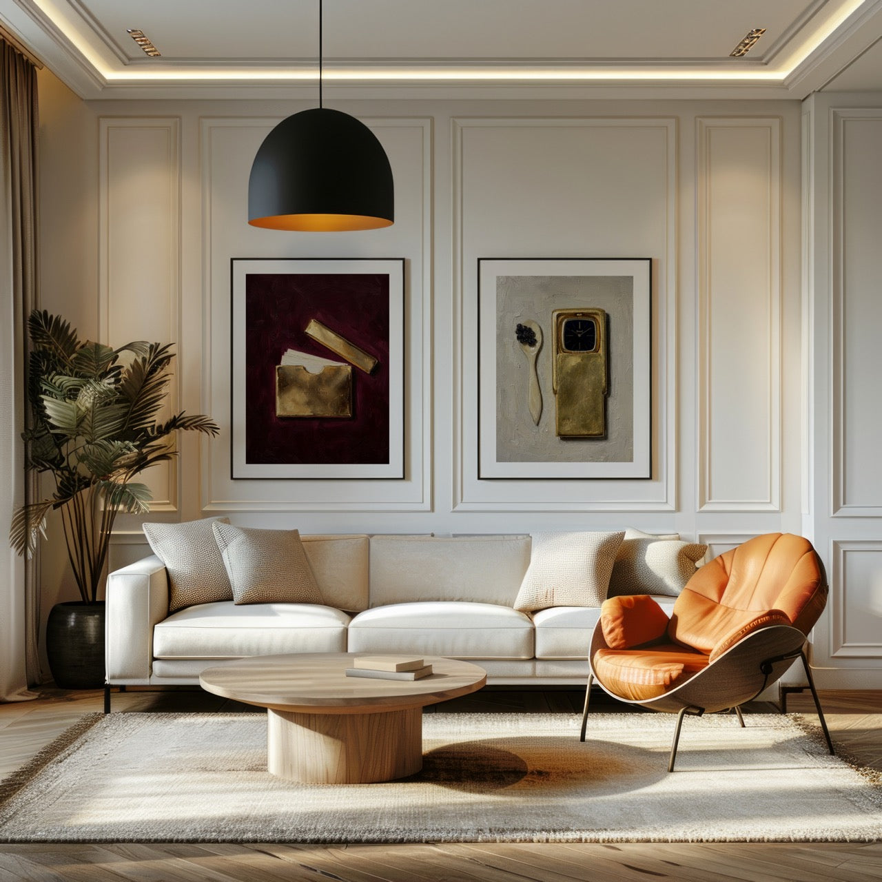 Modern living room with a white sofa, wooden coffee table, and orange chair.