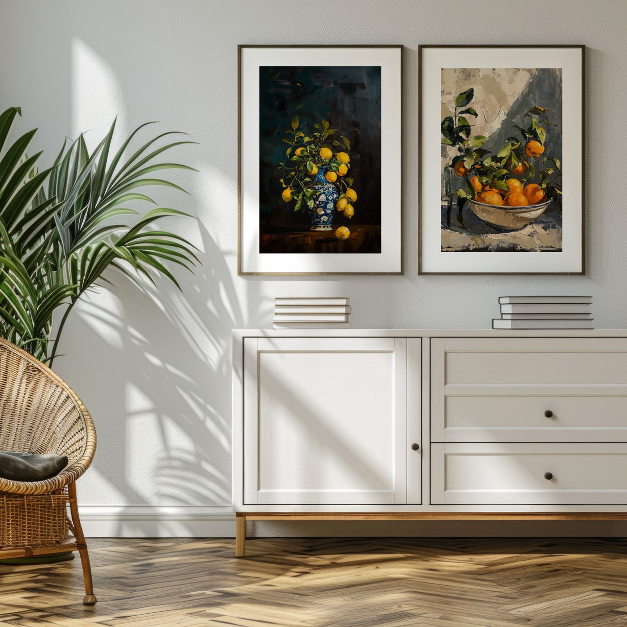 Two framed paintings above a white cabinet with a wicker chair and plant in a room.