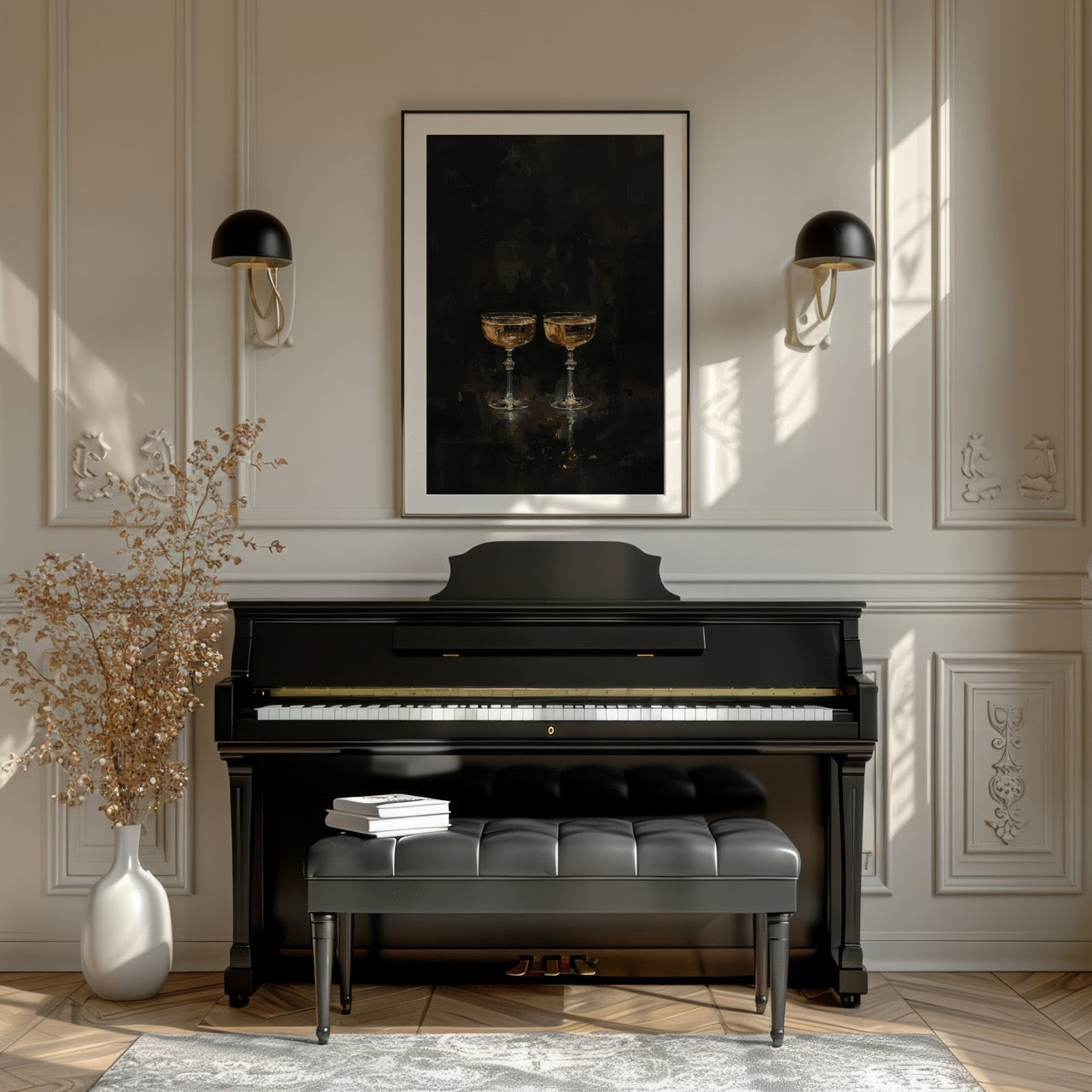 Black piano in a room with decorative wall art and decor