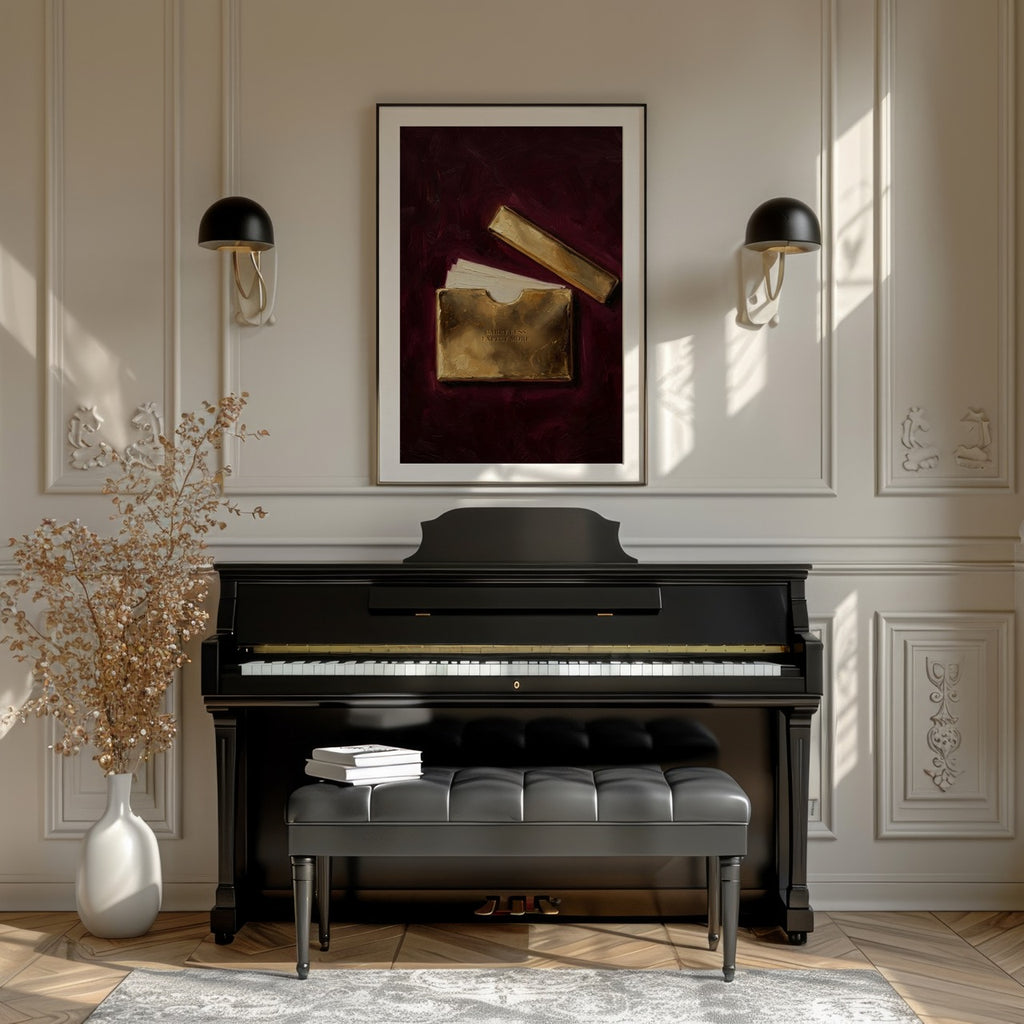 Black piano in a room with decorative wall art and decor