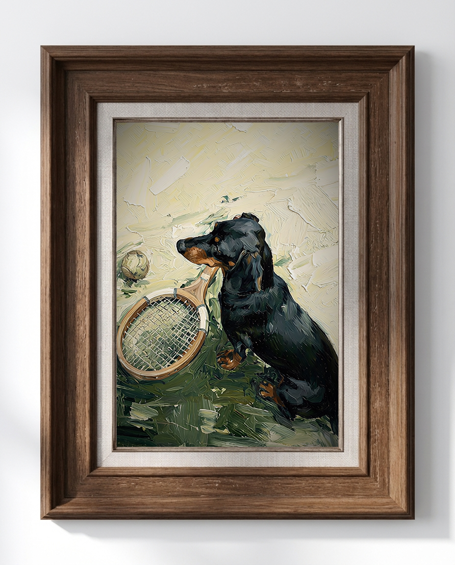 Impressionist fine art print of a black dachshund sitting beside a vintage wooden tennis racket and tennis ball, painted in expressive textured brushstrokes.