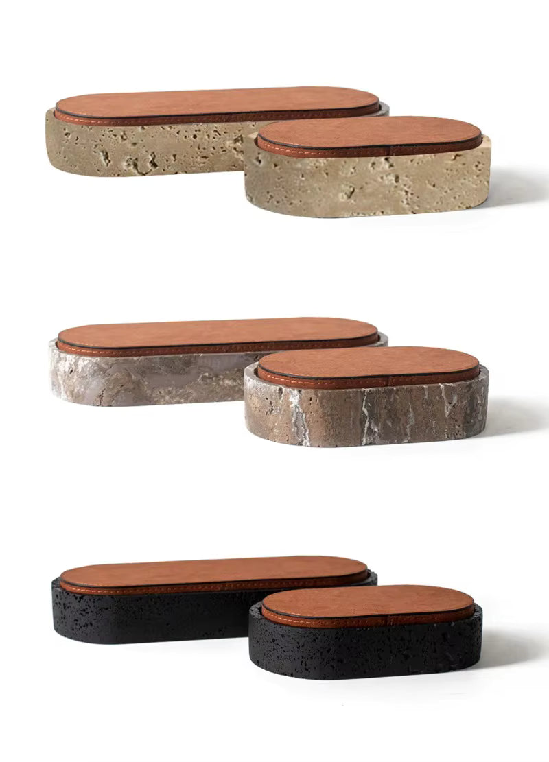 Set of stone steps with terracotta-colored tops on a white background