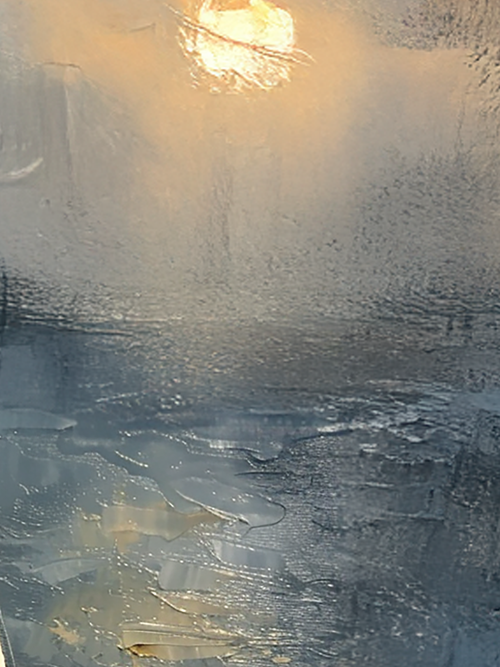 Close up of the sailboat sunset painting showing brushstrokes and surface texture.