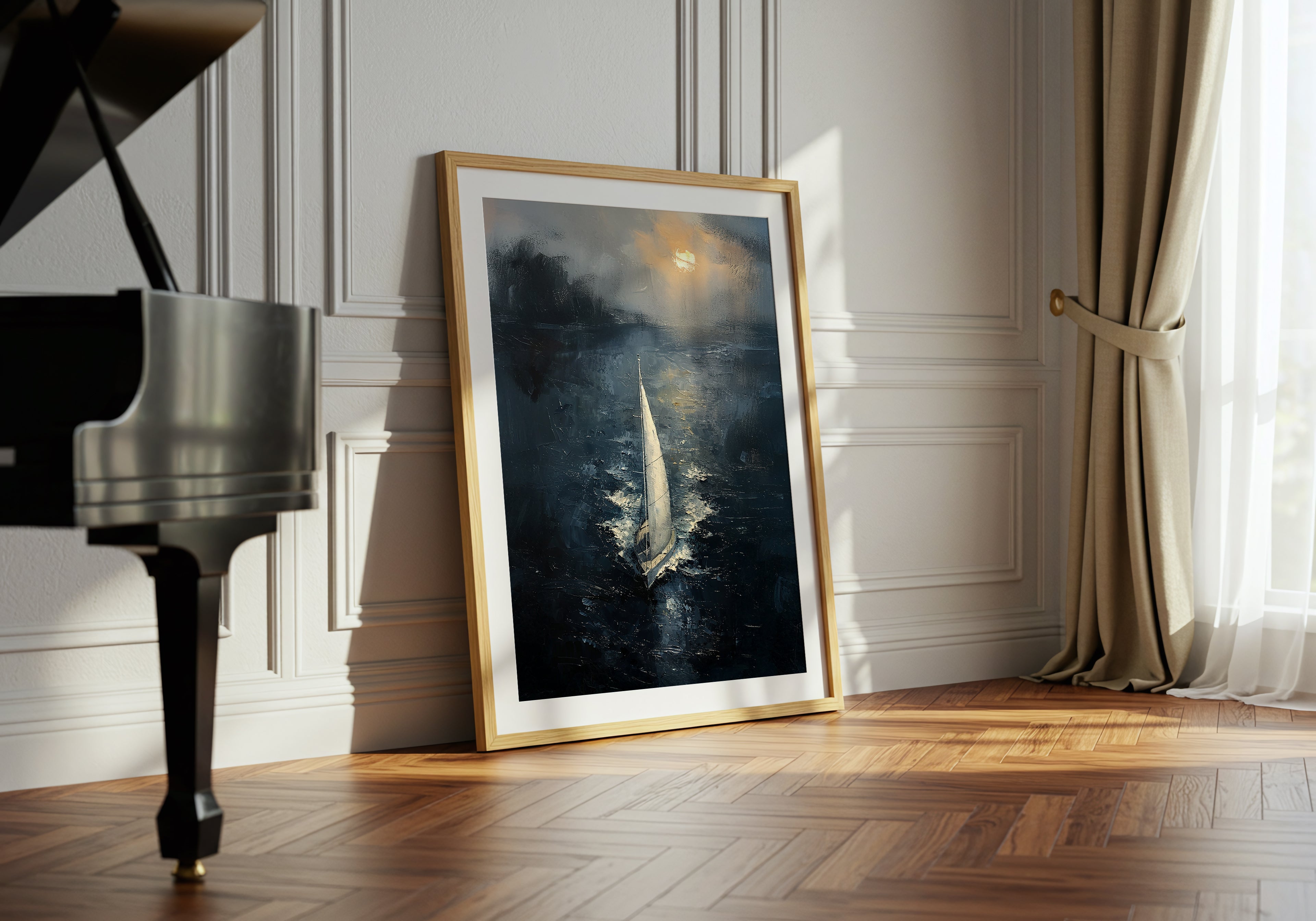 Framed sailboat painting leaning against a wall in a sunlit room with wood flooring and a piano.
