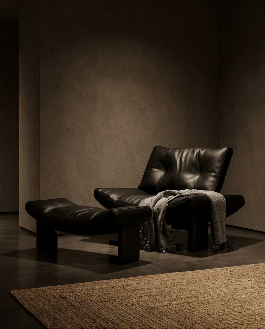 Dark leather armchair and ottoman in a dimly lit room with a textured wall.