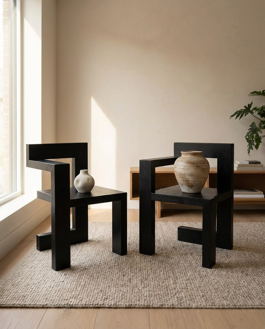 Modern black chairs with vases on a beige rug in a bright room.