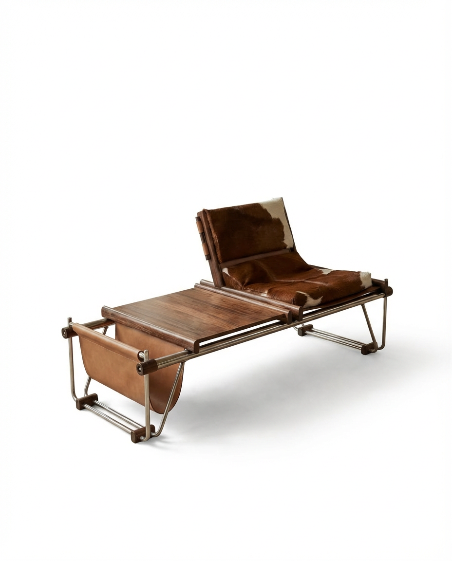 Modern lounge chair with wooden frame and leather seat on a white background