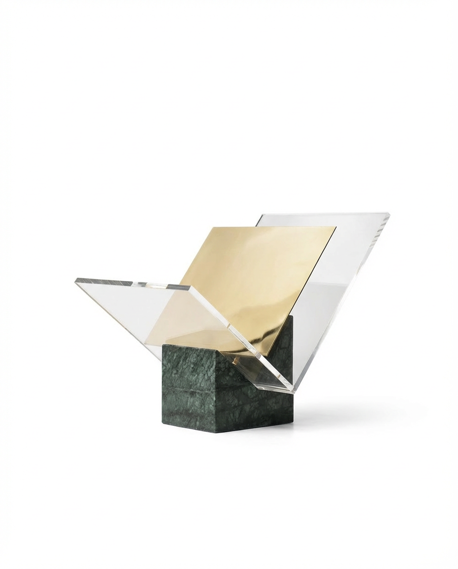 Modern decorative object with gold and silver geometric design on a white background