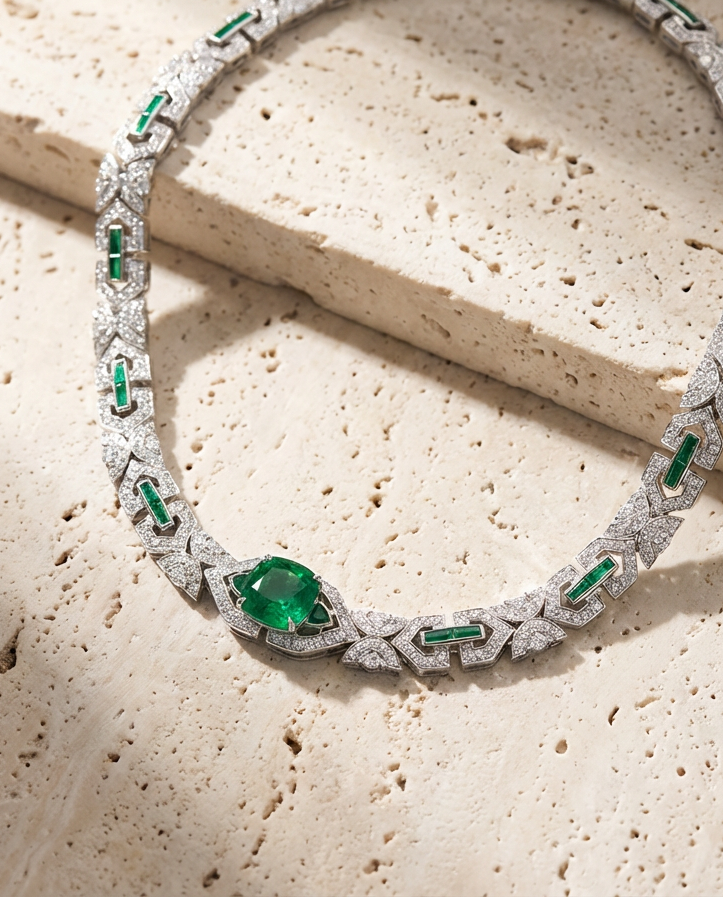 Elegant diamond and emerald necklace on a textured stone surface
