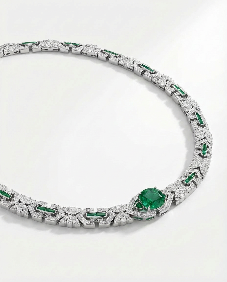 Diamond and emerald necklace on a white background