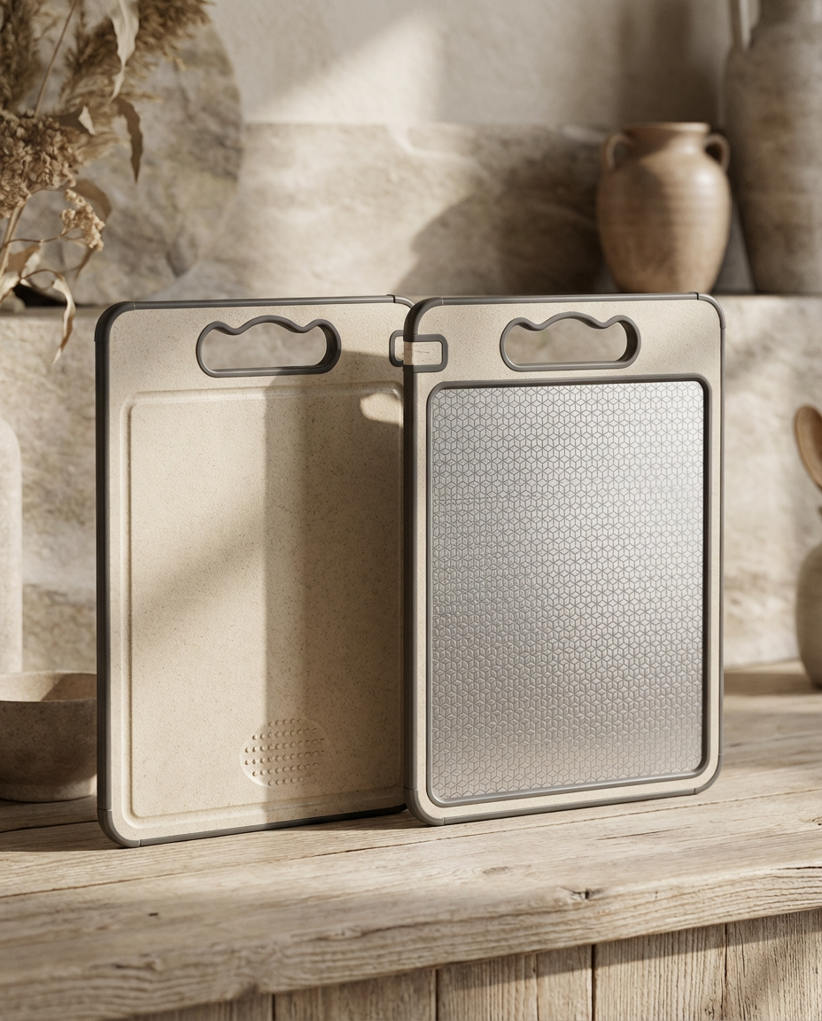 Two cutting boards with textured surfaces on a wooden surface.