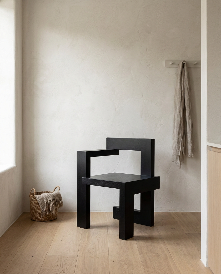 Modern black chair in a minimalistic room with light wood flooring and a neutral wall.