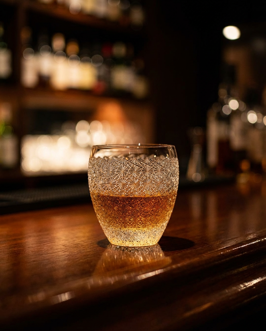 Glass of amber liquid with ice on a bar counter, blurred bar background